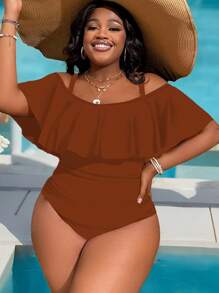 Slaydiva 大码女式纯色荷叶边露肩连体泳衣，适合度假和海滩夏季