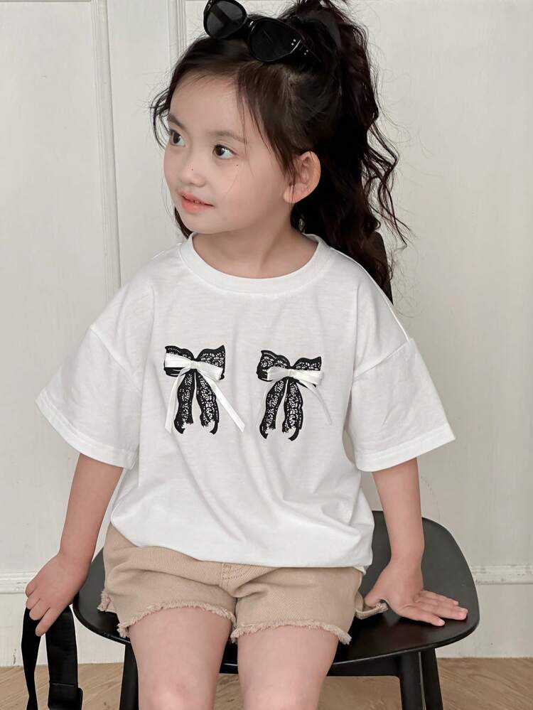 Young Girl Round Neck Bow Design Casual Simple Style T-Shirt, For Daily Wear, Summer