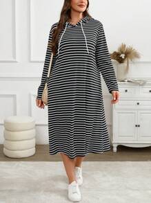 SHEIN LUNE Plus Size Women Side Pocket Black & White Striped Hooded Long Sleeve Midi Casual Dress Valentine's Day Dresses - Black and White - View 6