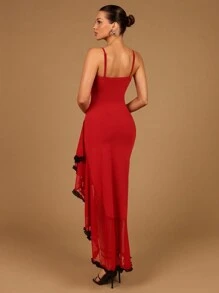 Glamine Women's Christmas Eve Christmas Party Elegant Sexy Suspender Mesh Splicing Contrast Lace Pleated Asymmetric Hem Long Skirt Party Dress - Burgundy - View 2