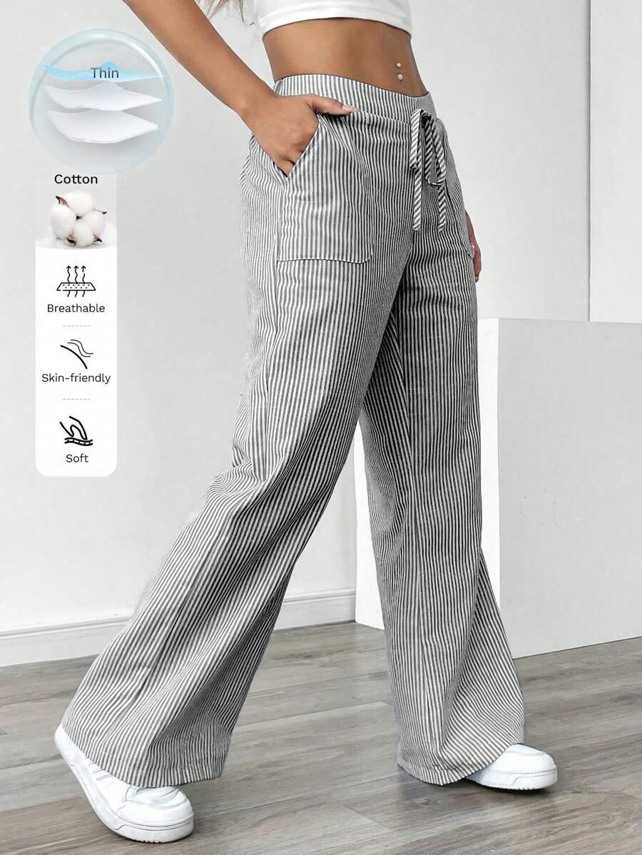 Zielony 女士法式优雅休闲通勤返校条纹阔腿低腰裤 - 黑色 - 查看 1