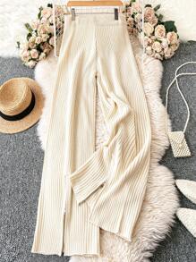 SHEIN LUNE Plus Size Women Casual Front Slit Ribbed Knit Pants - Beige - View 1