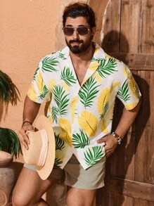 Manfinity VDAYZ Conjunto de playa para hombre con camisa de manga corta con estampado botánico y shorts de unicolor