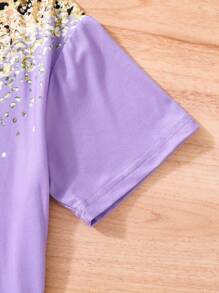 2pcs Teen Girls Casual Color Block Leopard Print Short Sleeve Top And Shorts Set - Multicolor - View 4