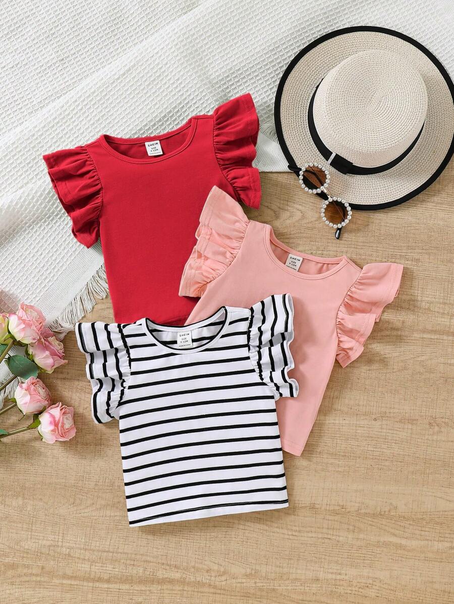 SHEIN Leap Crew 3pcs Baby Girls Casual Versatile Solid Stripe Ruffle Trim Top Set - Multicolor - View 1