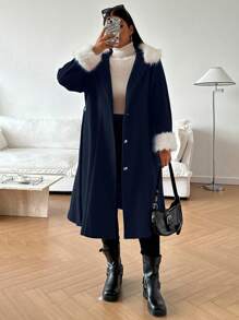 Flirla Plus Size Women Red Splicing White Fur Trim Warm Elegant Christmas Jacket - Navy Blue - View 7