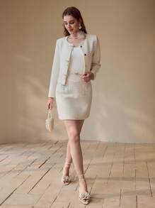 MOTF PREMIUM TEXTURED RHINESTONE BOW DECOR BOXY JACKET - White - View 7