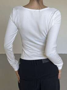 DAZY Women's Casual Solid Color Slim Fit Long Sleeve T-Shirt,Fall Clothes - White - View 3