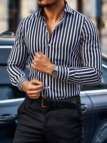 Manfinity Homme Men Casual Commute Striped Long Sleeve Shirt, Autumn, For Fall - Multicolor - View 3