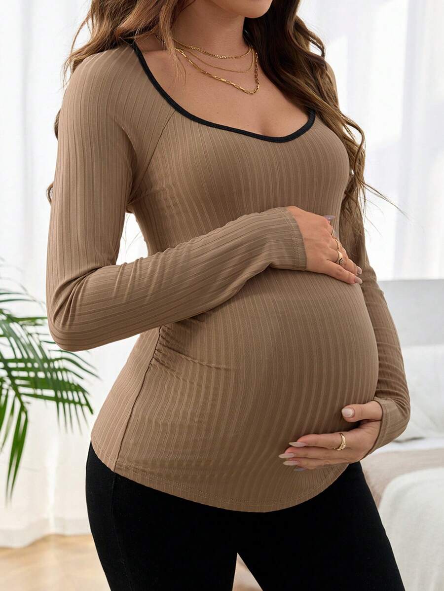 SHEIN Áo thun cổ tròn tay loe phối màu thoải mái cho bà bầu dài tay - màu nâu - Xem 1