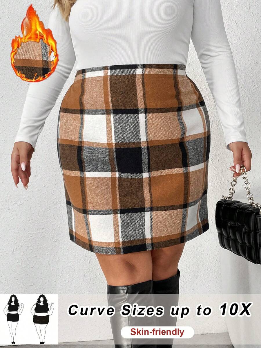 SHEIN CURVE+ Falda de franela de otoño e invierno a cuadros para mujer de talla grande