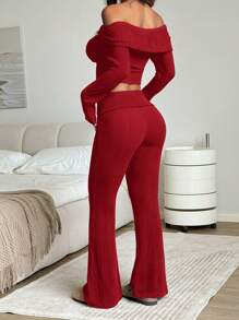 SHEIN EZwear 2 Pieces Women's Solid Off-The-Shoulder Long Sleeve Cropped Top And Flared Pants Fashion Set