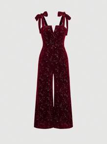 SHEIN MOD 1 pieza Mono sin mangas con estampado de meteoro de terciopelo para mujer de talla grande con cuello en V - Burdeos - Ver 1