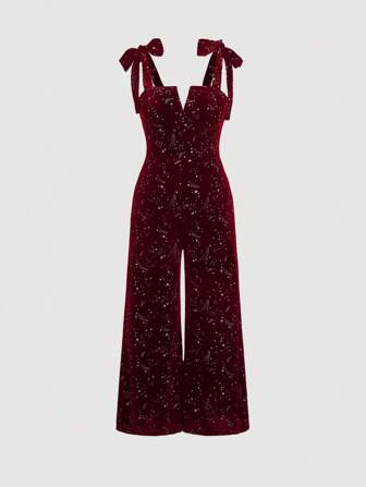 SHEIN MOD 1 件大码女式天鹅绒流星印花 V 领无袖连体裤