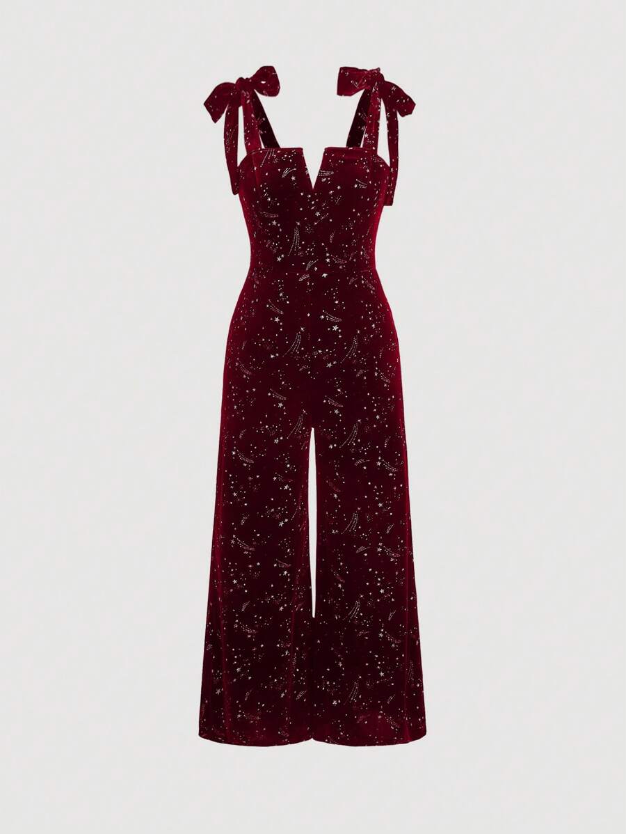 SHEIN MOD 1 pieza Mono sin mangas con estampado de meteoro de terciopelo para mujer de talla grande con cuello en V - Burdeos - Ver 1