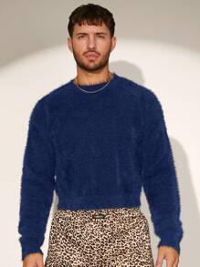 FeverCity Men's 5cm Faux Mink Fur Collar Loose Knit Long Sleeve Sweater, For Fall Winter - Navy Blue - View 6