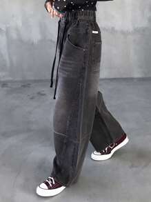 FRIFUL Women Casual Distressed Wide-Leg Drawstring Waist Denim Jeans,Baggy Jeans - Black - View 4