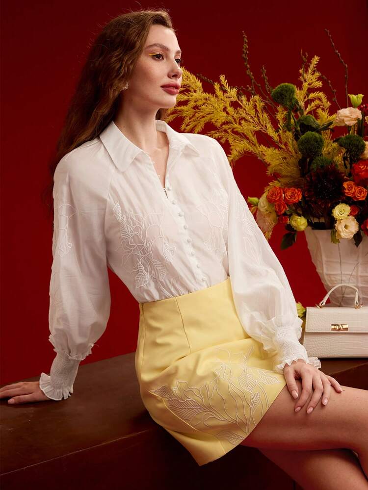 FLORAL EMBROIDERY BUTTON FRONT BLOUSE,VALENTINE'S DAY,SPRING/SUMMER