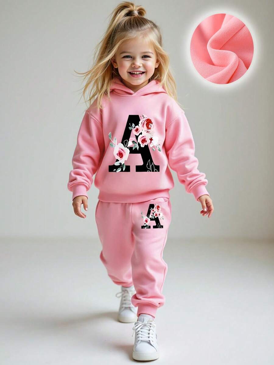 SHEIN Playful Pals Young Girls 2 Pieces Floral Letter Print Sweatshirt And Pants Set, Fashionable And Cozy, Autumn/Winter