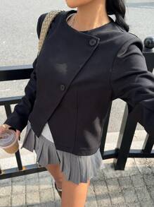 SHEIN EZwear 女士纯色前扣开合长袖休闲夹克，日常穿着 - 黑色 - 查看 3