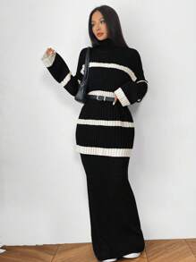 Mulvari 2pcs Women Stripe Pattern Long Sleeve Sweater And Flared Pants Set, Casual Outfit For Autumn/Winter 2 Pieces Set - Black and White - View 9