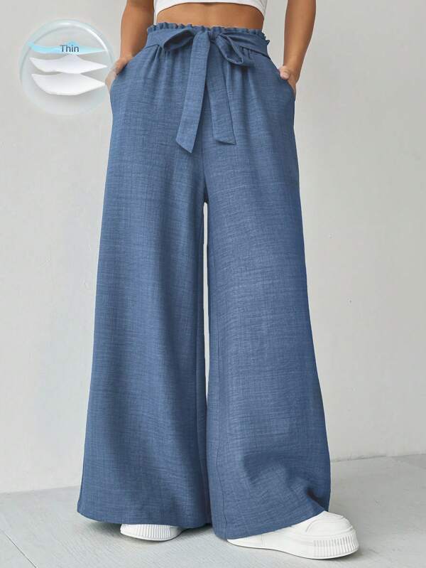 Zielony Pantaloni casual de damă, de culoare uni, cu talie înaltă, cu curea, picioare largi, cu buzunare