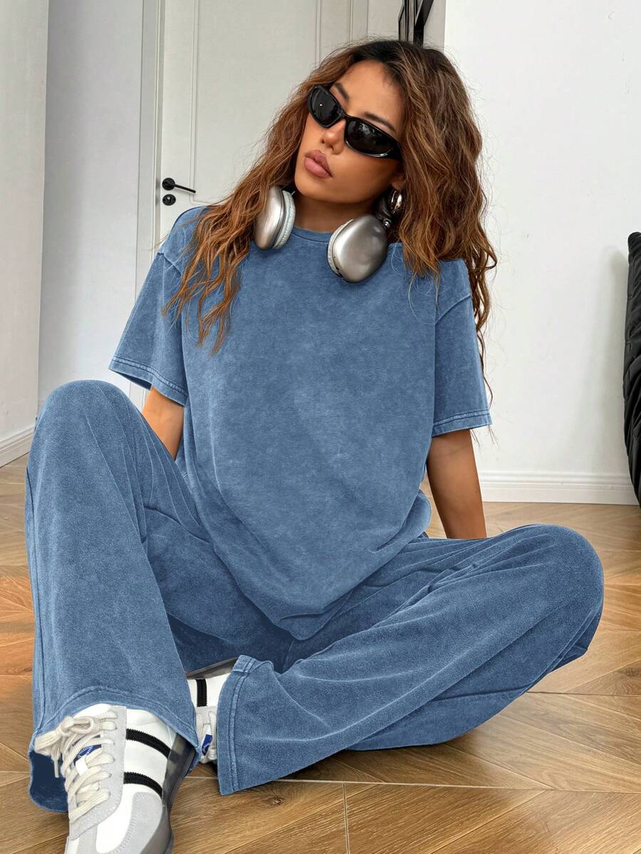 SHEIN EZwear 秋冬休闲家居圆领短袖直筒裤做旧洗水宽松套装 - 藍色 - 查看 1