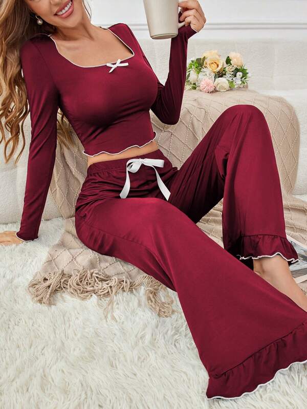 SHEIN 2pcs Contrast Color Trim Long Sleeve Top & Pants Pajama Set, Fall Winter Clothes