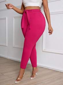 Plus Size Women Stretch Skinny Jeans With Rose Red Fashionable Belt Design - Hot Pink - View 4