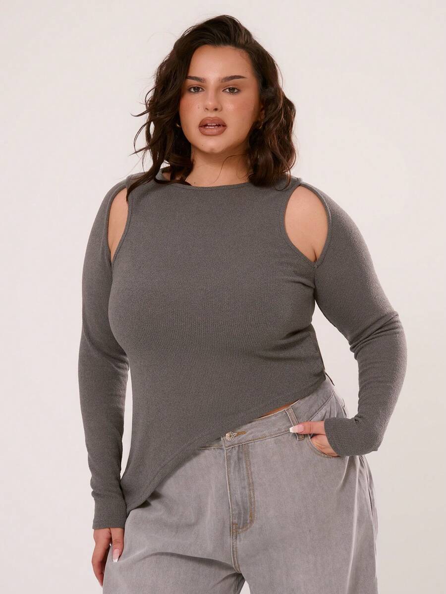 MUSERA 大码薄款针织露臂长袖不对称下摆上衣，适合度假、街头风、日常休闲穿着。 - 深灰色 - 查看 1