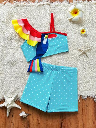SHEIN Cartoon Print Ruffle Trim Cute Bikini Set For Young Girls, Beach/Resort Wear