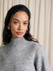 AiiRZ 奢华针织立领毛衣羽毛袖口细节冬季节日派对优雅套头衫家居服经典毛衣舒适长袖针织衫 - 灰色 - 查看 3