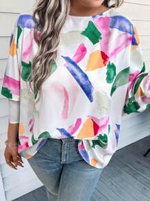 SHEIN LUNE 大码女式钢笔印花宽松蝙蝠袖衬衫，休闲夏季和春季服装夏季波西米亚风复古款