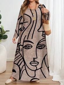 EMERY ROSE Figure Line Art Print Plus Size Long Sleeve Round Neck Dress, Suitable For Autumn/Winter - Multicolor - View 3