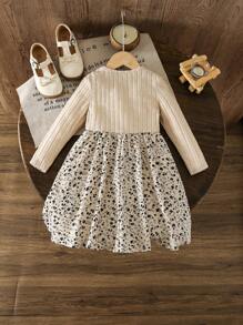 SHEIN LMoss Kids LMoss 少女针织纯色拼布花卉休闲 A 字裙 舒适柔软服装 适合幼儿和小女孩 - 彩色 - 查看 2