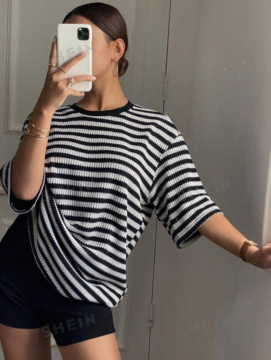 Livesso Camiseta holgada de mujer de cuello redondo, manga corta y rayas, para uso casual diario