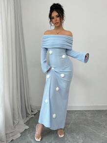 Calvaya Elegante Franse stijl Sexy Dagelijks/Feest Figuur-Flatterende V-hals Lange Mouw Bloemen Gebreide Stretch Zeemeermin Jurk, Blauwe Kleur, Herfst/Winter