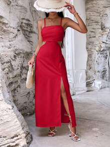 SHEIN VCAY Đầm Maxi Dây Spaghetti Gợi Cảm Khoét Hở Eo Xếp Ly Màu Trơn Cho Kỳ Nghỉ Của Phụ Nữ - Đỏ - Xem 7