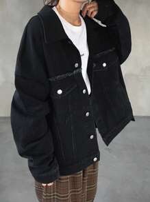 FRIFUL Women's Casual Drop Shoulder Long Sleeve Single-Breasted Denim Jacket, Autumn - Black - View 4