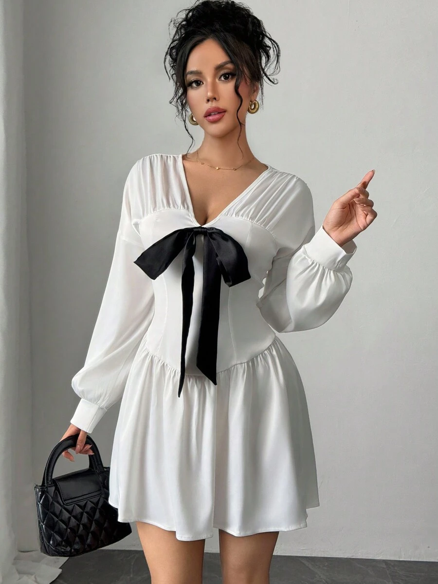 SHEIN Unity Faux Silk V-Neck Long Sleeve Pleated Bow Decor Elegant Short Dress - White - View 1