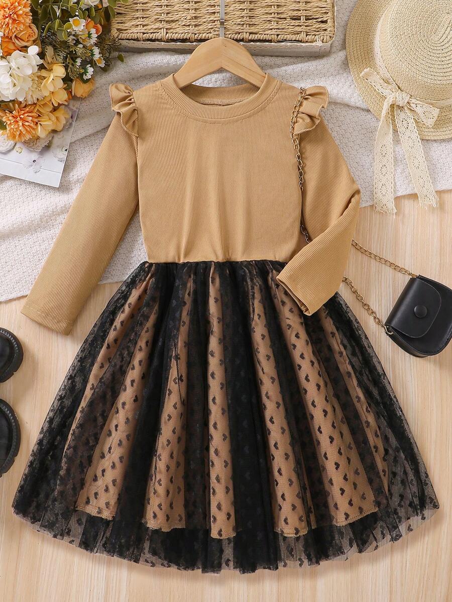 SHEIN Young Girl's Solid Color Splice Round Neck Long Sleeve Casual Dress - Khaki - View 1