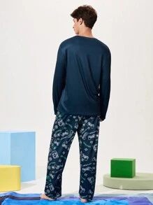 Notgurli Conjunto de pijama de manga larga con cuello redondo y pantalones con estampado gráfico de consola de juegos para hombres, ropa de otoño e invierno - azul real - Ver 2