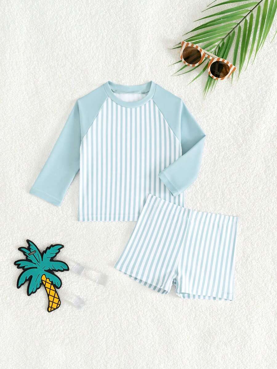 SHEIN 2pcs/Set Baby Boys Swimsuit, Fashionable Casual Striped Long Sleeve Top And Swim Trunks