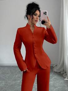 Elenzga Elegant Solid Color Stand Collar Cinched Waist Curved Hem Jacket, Autumn - Red - View 1