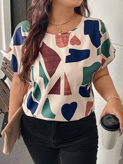 SHEIN LUNE Plus Size Women Geometric Print Round Neck Batwing Sleeve Casual Blouse New Years Summer Clothes Vacations Woman