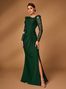 Serin Elegant Splendid Sheer Long Sleeve Floral Embroidery Sequins Patchwork Elastic Ruched Split Mermaid Skirt, Suitable For Wedding, Party, Singles Party, Vacation, Prom, Mother Of The Bride Evening Dress - Dark Green - View 4