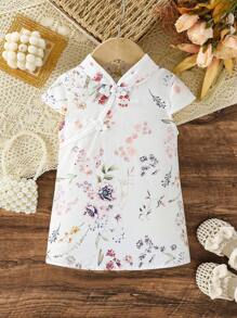 SHEIN 女婴优雅花卉印花领不对称前扣旗袍连衣裙，短袖隐形拉链，春夏