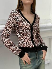 Jouncy Women's Leopard Print Long Sleeve Single Breasted Fashionable T-Shirt, Autumn Graphic Cheetah Print Tees Women Tops For Spring Fall Cloth For Women - Brown - View 8