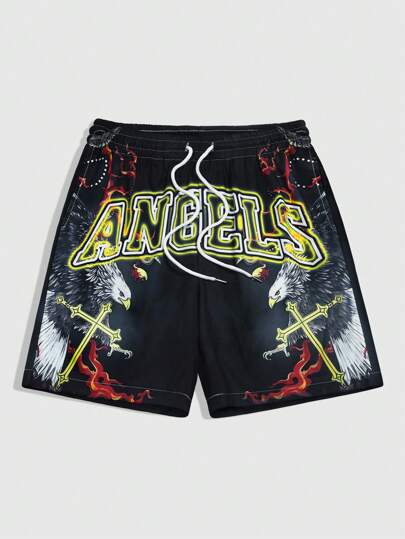 Grunge Punk Pantalones cortos de hombre con cordón y estampado de cruz para el verano