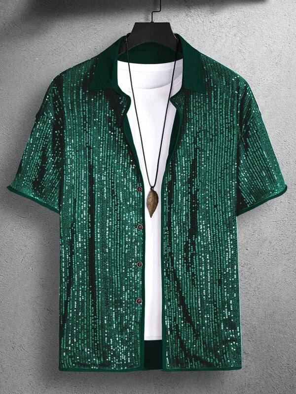 Manfinity AFTRDRK Camisa casual de manga corta con botones en la parte delantera y decoración con lentejuelas para hombres